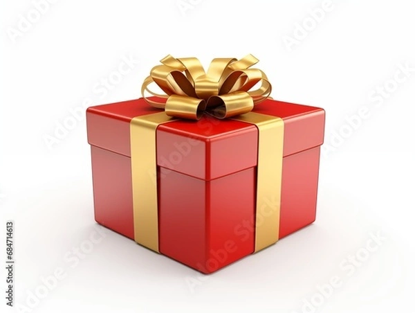 Fototapeta Realistic red gift box with golden ribbon isolated on white background