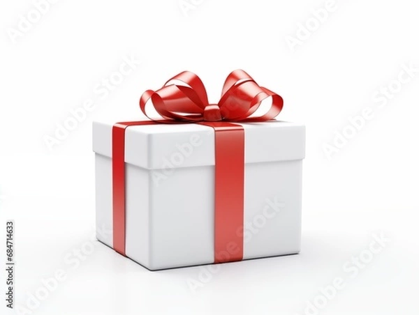 Fototapeta Realistic white gift box with red satin ribbon isolated on white background