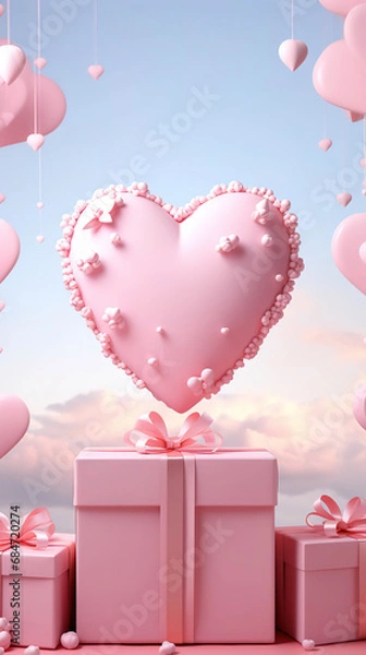 Fototapeta Romantic Pink Heart Balloon and Gifts Floating in a Cloudy Sky