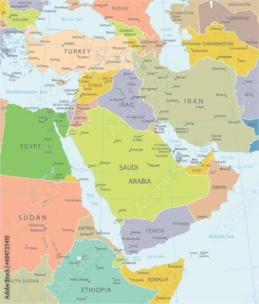 Obraz Middle East and Asia map - highly detailed vector illustration