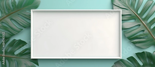 Fototapeta Template with Empty frame with green palm leaves on light background