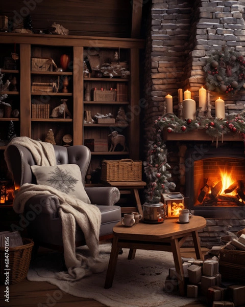 Fototapeta Cozy Home Christmas Decor, Christmas interior with fireplace