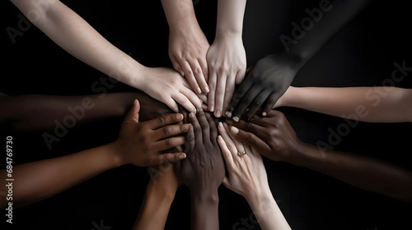 Fototapeta Group of multiethnic people joining hands in circle, black background. Many hands of different races and ethnicities.