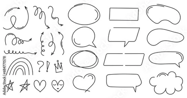 Fototapeta Set of doodle elements. Hand drawn collection of speech bubbles, star, heart, arrows. Modern vector illustration.