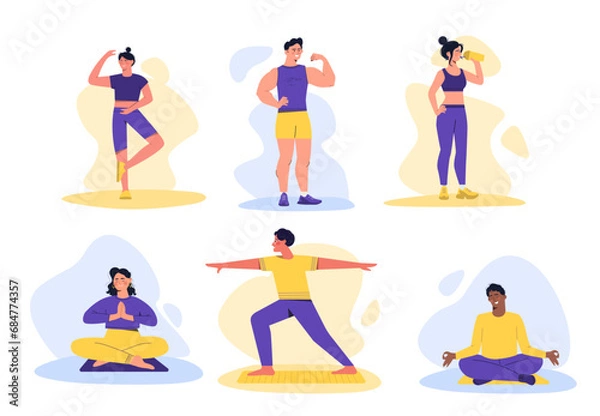 Fototapeta Choice of sport set. Man and woman doing physical exerssices. Strong guys and stretches girls. Workout and yoga, bodybuilding. Cartoon flat vector collection isolated on white background