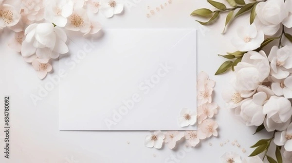 Fototapeta A beautiful wedding invitation that is surrounded by flowers in the top view.