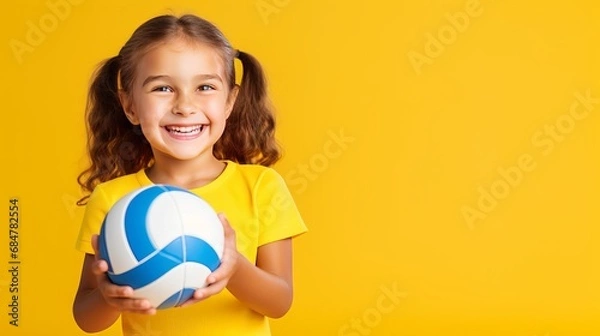 Fototapeta A young white woman is playing volleyball by herself on a yellow background. She is pointing to her head with her finger, looking like she is thinking hard and focused on what she is doing