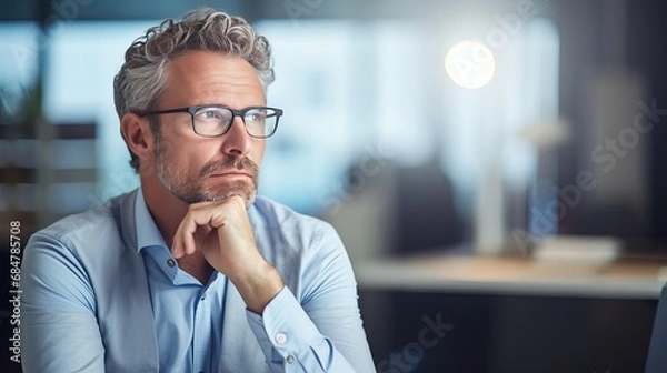 Fototapeta Thoughtful man sitting at a desk in the office and coming up with new ideas, while there are people in the background
