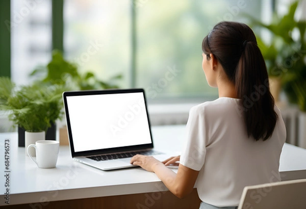 Fototapeta Over shoulder closeup view of female student wearing glasses businesswoman looking at empty blank mockup screen for advertising, having virtual videoconference. Remote e learning online work concept. 