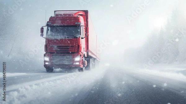 Fototapeta copy space, stockphoto, Extreme close up of a truck driving down a highway at snow day. Heavy truck on snowy and ice road. Dangerous weather condition for driving.