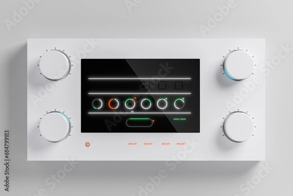 Fototapeta A 3D render mockup featuring a minimalist-styled electronics console adorned with switches, buttons, and dials, exuding a sleek and modern design