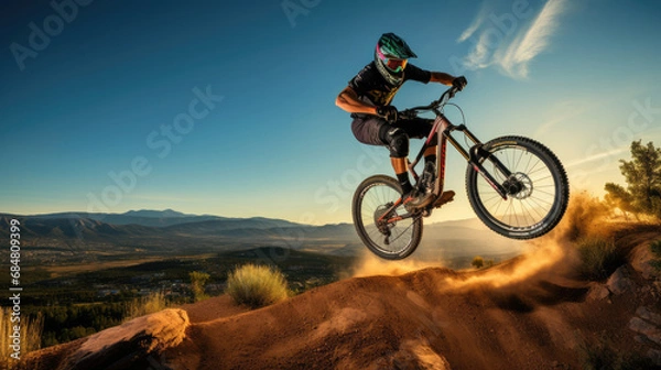Obraz Mountain biker catching air off a natural jump vibrant colors thrilling
