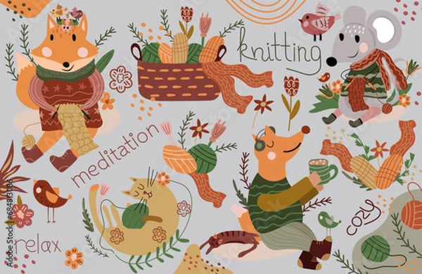 Obraz Cute forest animals in scarf and knitted sweaters are knitting and drinking tea, basket with threads. Cute mouse, fox, lazy cat, etc. Suitable for various creative projects. Vector