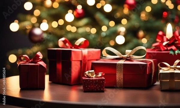 Fototapeta Gift boxes with a large red bow on table against a background bokeh of twinkling party lights on Christmas tree. Luxury New Year gift. Christmas background with gift box. Christmastime celebration