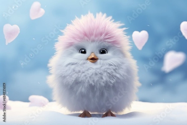 Obraz Illustration of fluffy, puffy, cute bird from imagination standing in the snow. Minimal pastel blue background with fluffy pink hearts.