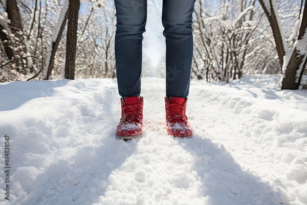 Obraz A person standing in the snow wearing red boots created with generative AI technology