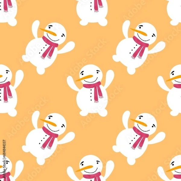 Fototapeta Cartoon winter ice seamless snowman and snowflakes pattern for Christmas tree and packaging and new year