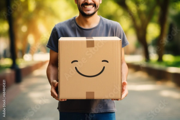 Fototapeta Cropped image of smiling delivery man holding cardboard box with smiley face