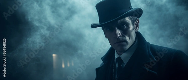 Obraz Victorian murder mystery. A detective in the fog searching for clues in London. panoramic movie still.