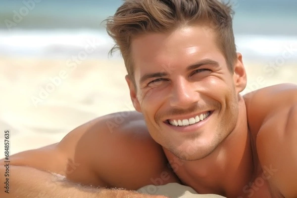 Obraz ビーチで寝そべる笑顔の白人男性