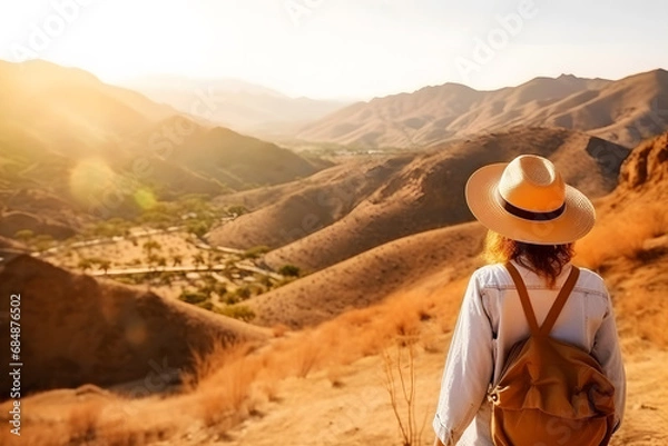 Fototapeta Woman photographer with big backpack taking photo of mountains and blue lake. Travel and hobby concept. Neural network AI generated art