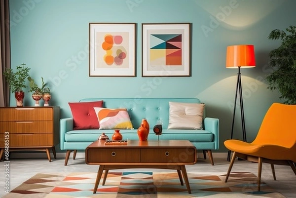 Fototapeta Nostalgic Retro Color Palette: Stylish Mid-Century Interior Design Photograph