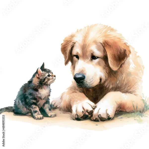 Fototapeta Mixed Breed Dog and Cute Kitten Curiously Looking at each other in Watercolor on Transparent Background