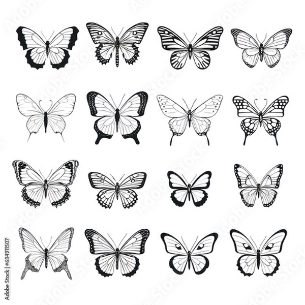 Fototapeta Set of Black Butterfly in Shadow. Set of Butterfly black icon. Butterfly silhouette isolate png.