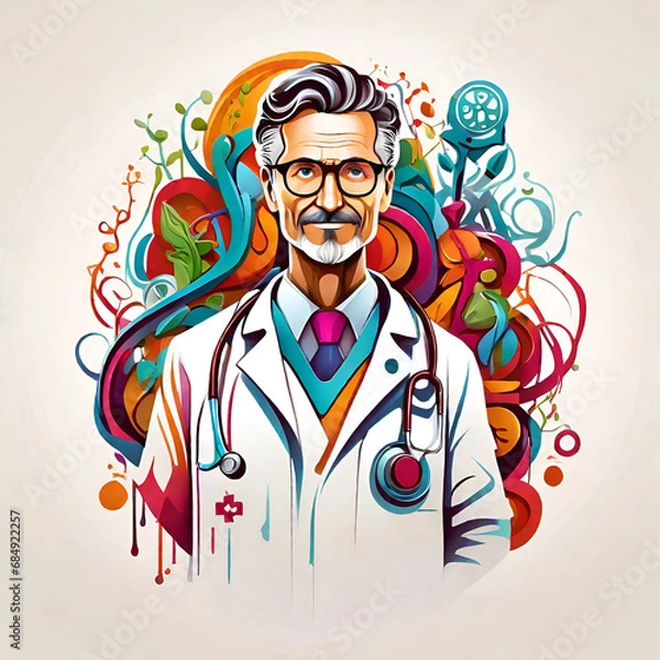 Obraz colorful Stylized Organic Doctor, An illustration of a medical concept, solid white background,
