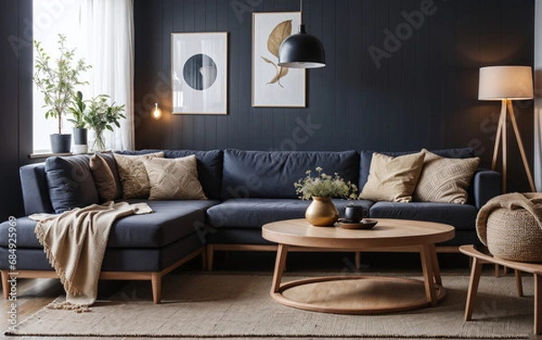 Obraz round coffee table near a corner sofa against a dark grey paneling wall, embodying the Scandinavian style in the modern living room's home interior design.