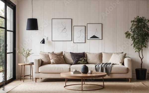 Obraz Chair and round coffee table near a corner sofa against a paneling wall, showcasing the Scandinavian style in the modern living room's home interior design.