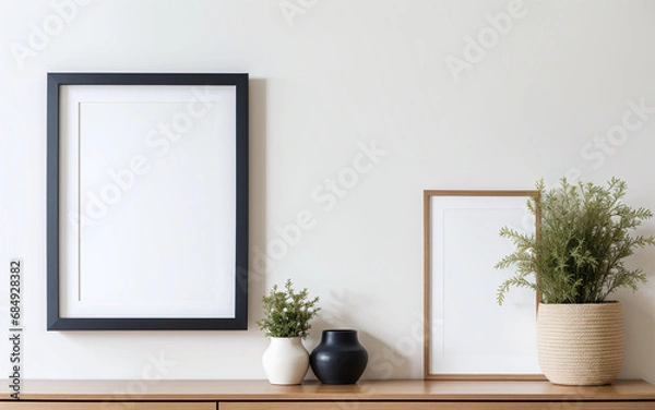 Obraz Empty mock-up frame on a wooden shelf in the interior design of a modern living room with a white wall and home decor pieces.