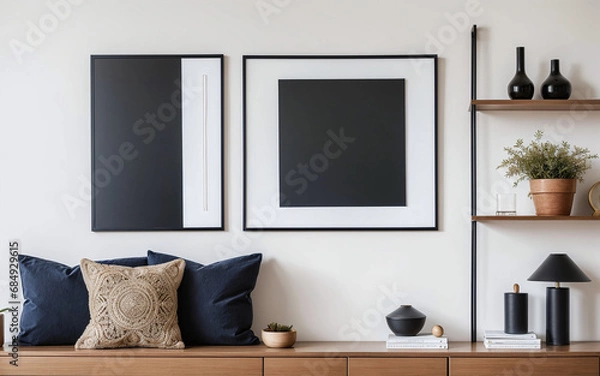 Obraz Empty mock-up frame on a wooden shelf in the interior design of a modern living room with a white wall and home decor pieces.
