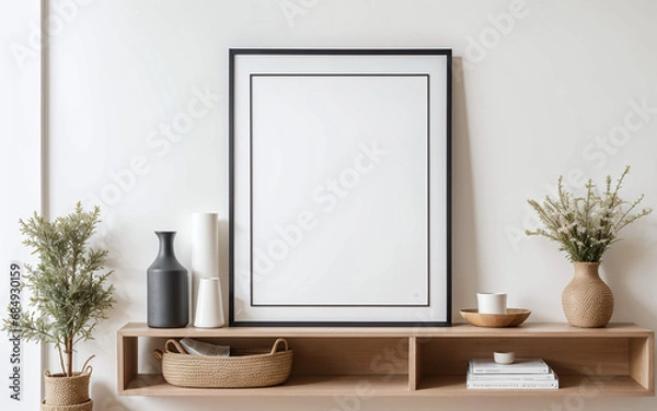Obraz Empty mock-up frame on a wooden shelf in the interior design of a modern living room with a white wall and home decor pieces.