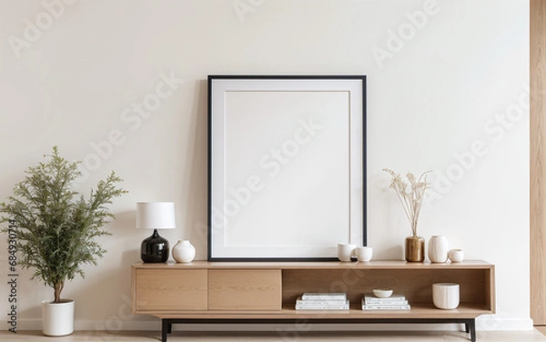 Fototapeta Empty mock-up frame on a wooden shelf in the interior design of a modern living room with a white wall and home decor pieces.