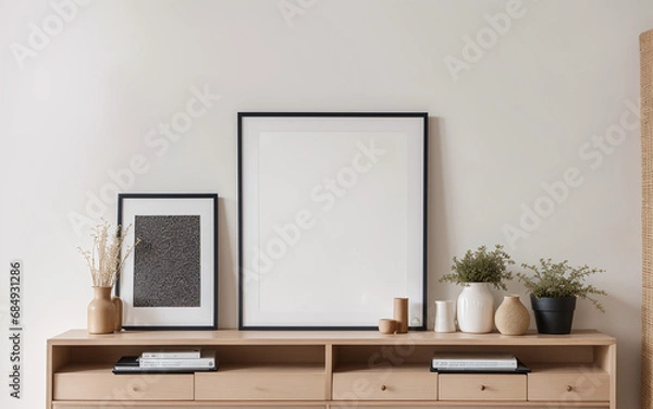 Obraz Empty mock-up frame on a wooden shelf in the interior design of a modern living room with a white wall and home decor pieces.