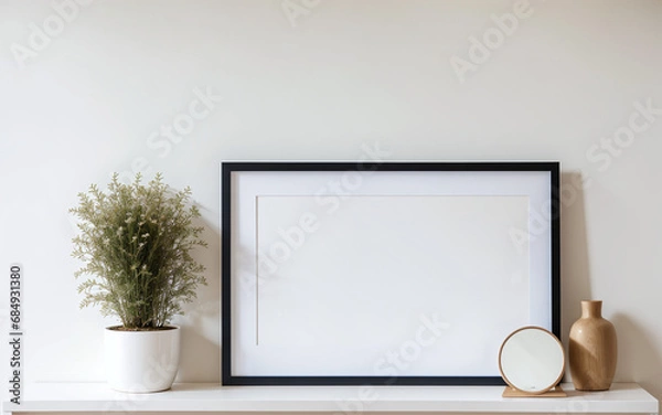 Obraz Empty mock-up frame on a wooden shelf in the interior design of a modern living room with a white wall and home decor pieces.