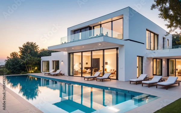 Obraz Modern minimalist cubic villa exterior featuring a swimming pool, set against the backdrop of a sunset.