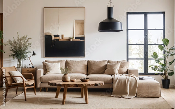 Obraz Rustic live-edge table and chairs near a beige sofa, reflecting the Scandinavian interior design of a modern living room, accentuated by a prominent art poster.