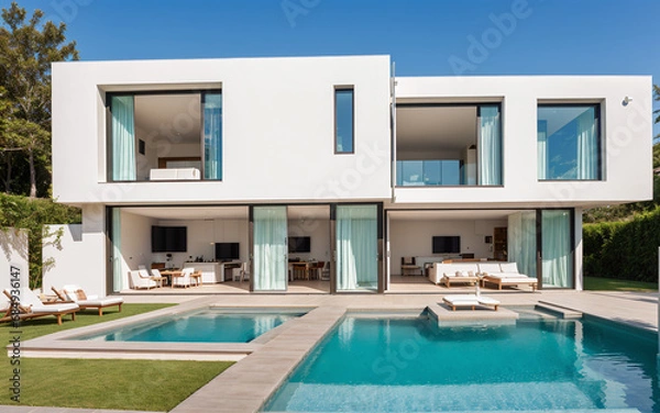 Obraz Modern minimalist cubic villa exterior featuring a swimming pool, set against the backdrop of a sunset.