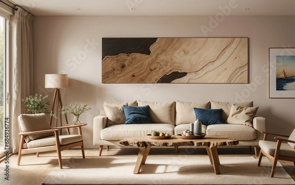 Obraz Rustic live-edge table and chairs near a beige sofa, reflecting the Scandinavian interior design of a modern living room, accentuated by a prominent art poster.