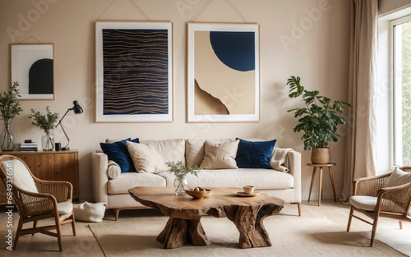 Obraz Rustic live-edge table and chairs near a beige sofa, reflecting the Scandinavian interior design of a modern living room, accentuated by a prominent art poster.