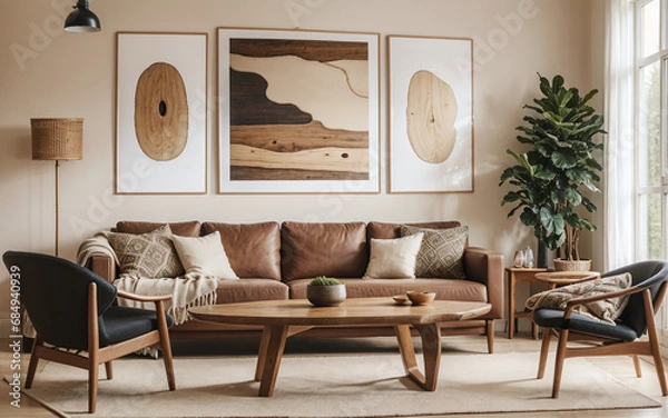 Obraz Rustic live-edge table and chairs near a beige sofa, reflecting the Scandinavian interior design of a modern living room, accentuated by a prominent art poster.
