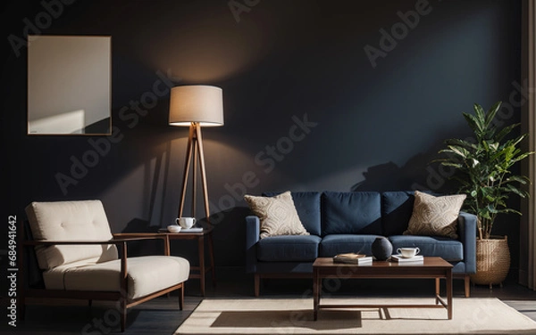Obraz Living room interior featuring armchairs and a coffee table, with a black floor lamp illuminating over a dark wall.