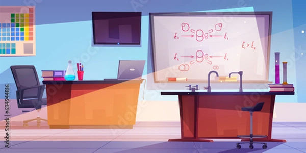 Fototapeta Chemistry classroom interior with equipment. Vector cartoon illustration of school lab with laptop and books on desk, formula written on board, glassware with color liquids, tv on wall, education