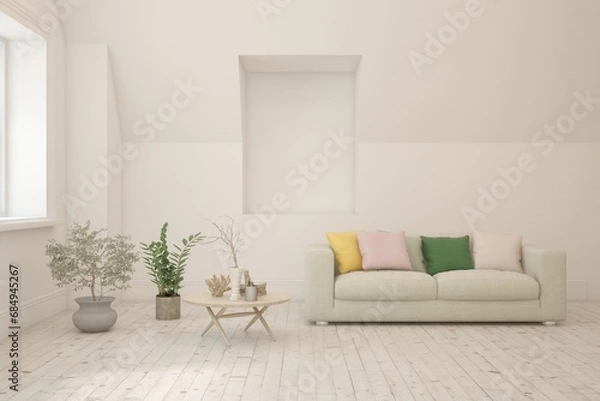 Fototapeta White scandinavian interior design with sofa. 3D illustration