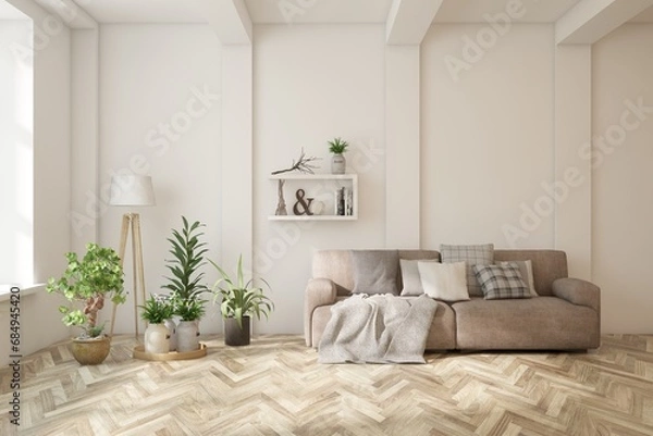 Fototapeta White living room with sofa. Scandinavian interior design. 3D illustration