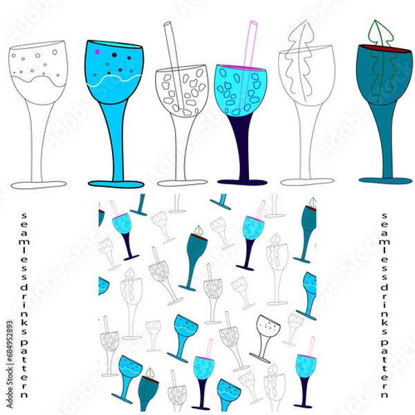 Fototapeta Silhouettes of drinks and glass illustrations and seamless pattern. Celebrate pattern.Wrapping paper.
