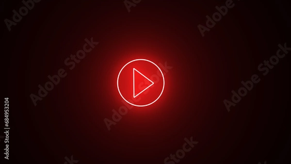 Fototapeta Glowing red color play button on black background. Play right navigate triangle arrow start button. Neon glowing play button with neon circle