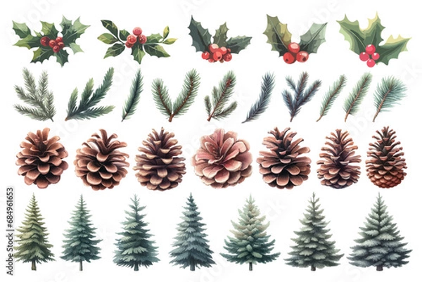 Obraz もみの木と松ぼっくり、クリスマス飾りの水彩イラストの素材セット